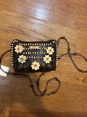 Brown Floral Beaded Crossbody Bag